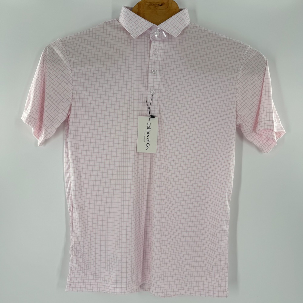 Collars & Co Mens Dress Collar Polo Shirt Pink White Windowpane Large NWT